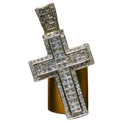 Estate 18K Gold Princess Cut Diamond Large Cross Pendant Necklace 9.30cttw G Vs