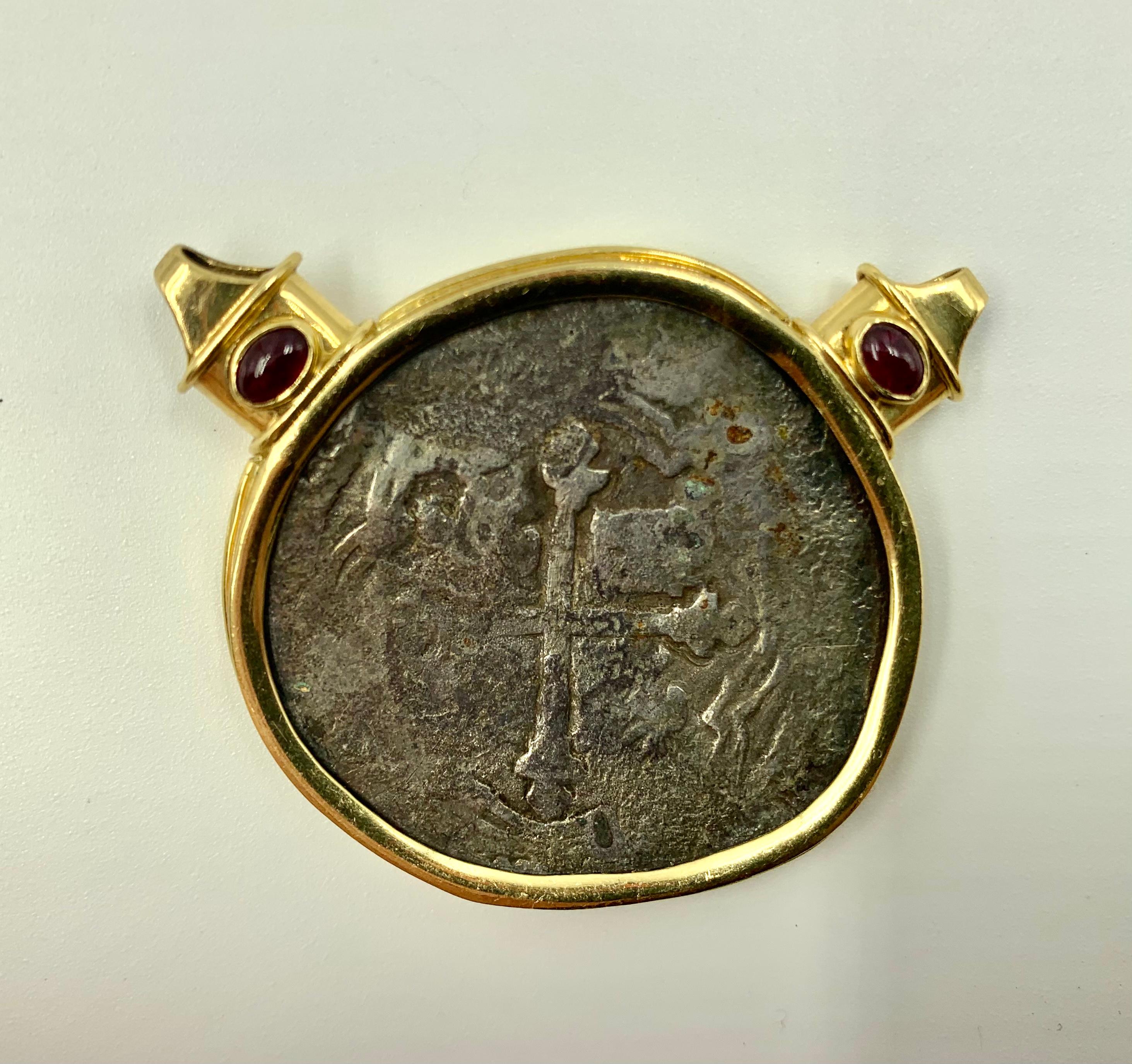 Estate 18K Gold, Ruby 17th Century Santa Margarita Silver 8 Reales Coin Pendant 4