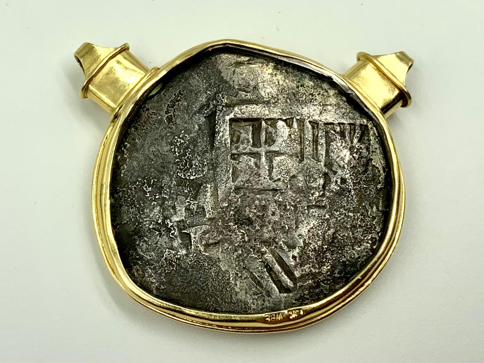 Cabochon Estate 18K Gold, Ruby 17th Century Santa Margarita Silver 8 Reales Coin Pendant