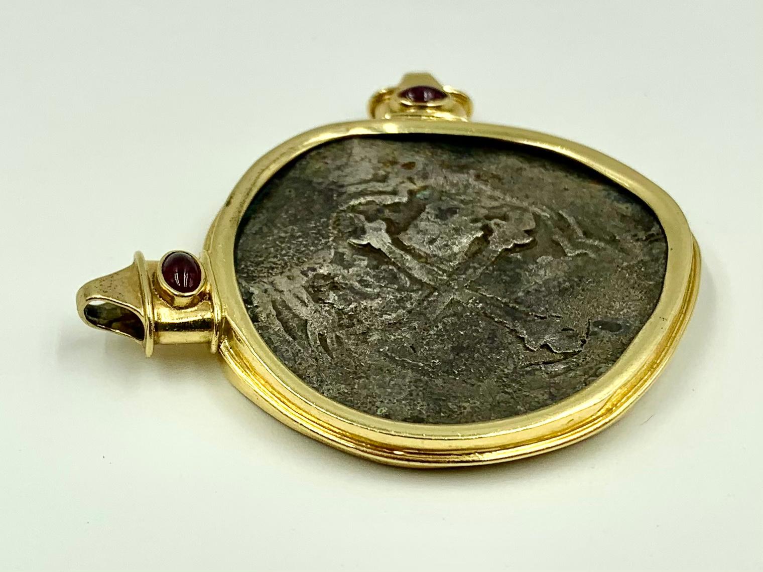 Estate 18K Gold, Ruby 17th Century Santa Margarita Silver 8 Reales Coin Pendant In Good Condition In New York, NY