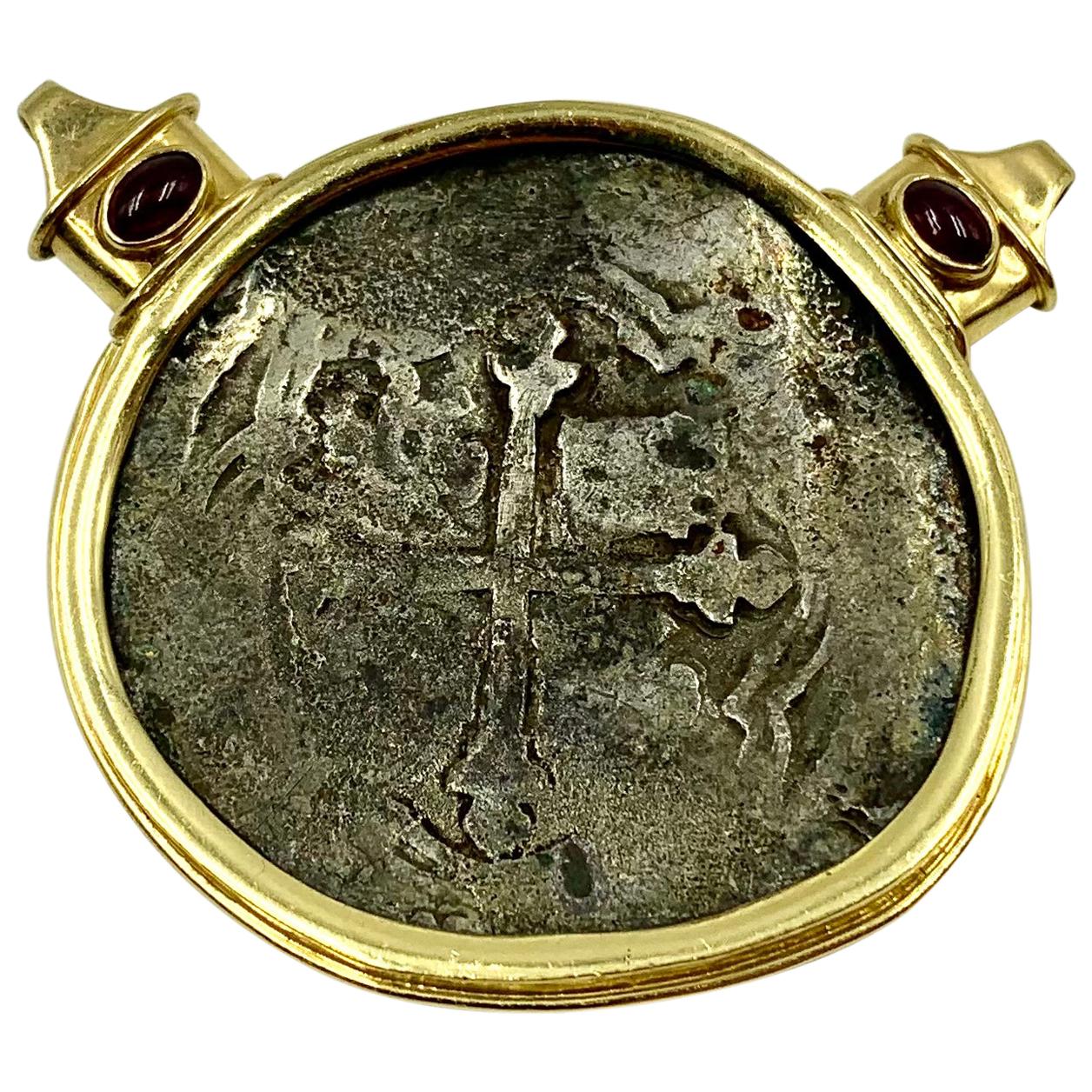 Estate 18K Gold, Ruby 17th Century Santa Margarita Silver 8 Reales Coin Pendant