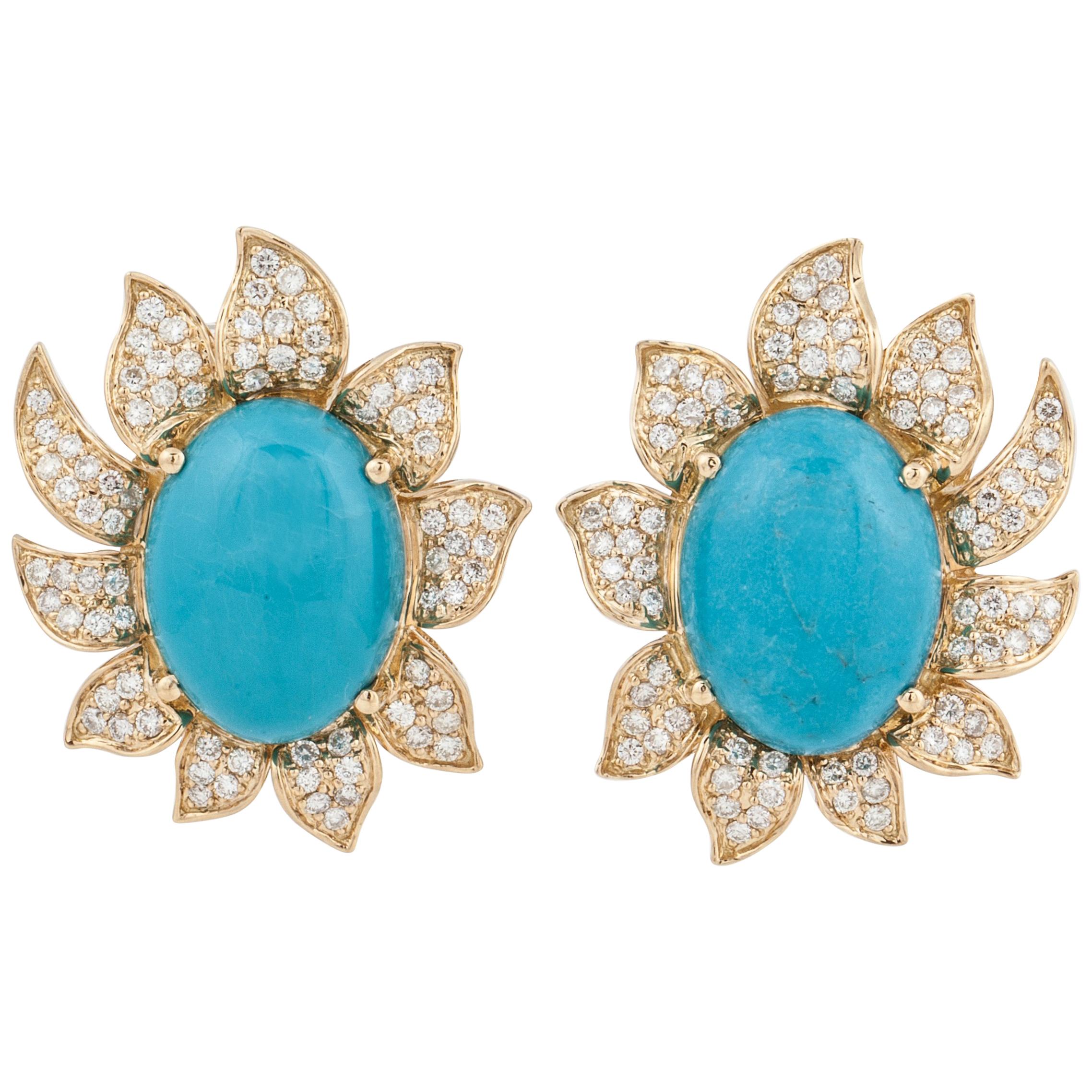 Boucles d'oreilles fleur en or 18 carats, turquoises et diamants en vente