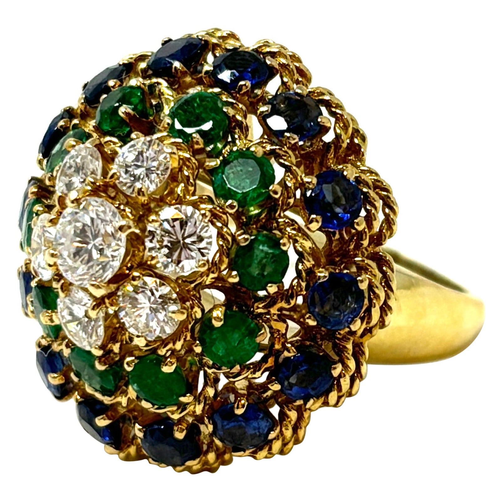 Estate 18K Gold Van Cleef and Arpels Sapphire, Emerald and Diamond Dome Ring