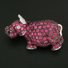 Estate 18k Gold Vivid Red Ruby & Diamond Hippo Hippopotamus Brooch Pin Pendant