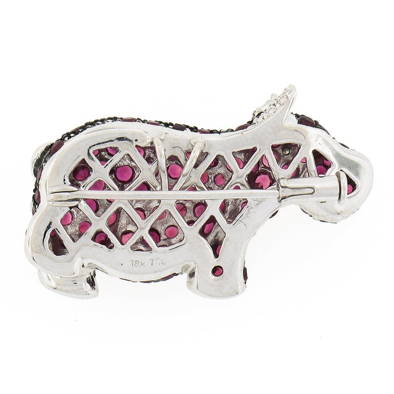 Estate 18k Gold Vivid Red Ruby and Diamond Hippo Hippopotamus Brooch