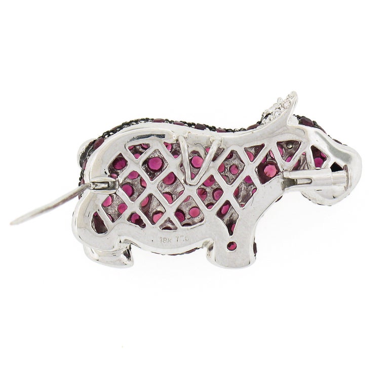 Estate 18k Gold Vivid Red Ruby and Diamond Hippo Hippopotamus Brooch