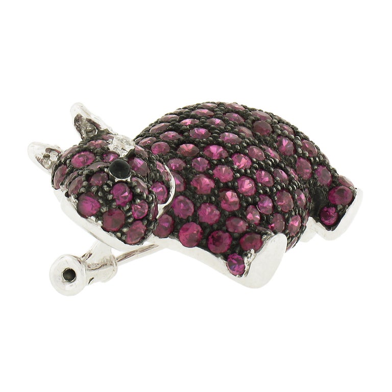 Estate 18k Gold Vivid Red Ruby and Diamond Hippo Hippopotamus Brooch