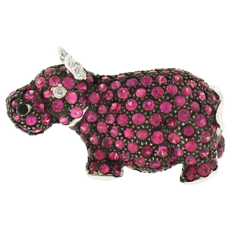 Estate 18k Gold Vivid Red Ruby and Diamond Hippo Hippopotamus Brooch