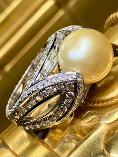 Estate 18K Golden South Sea Pearl Baguette Round Diamond Cocktail Ring 3ctw