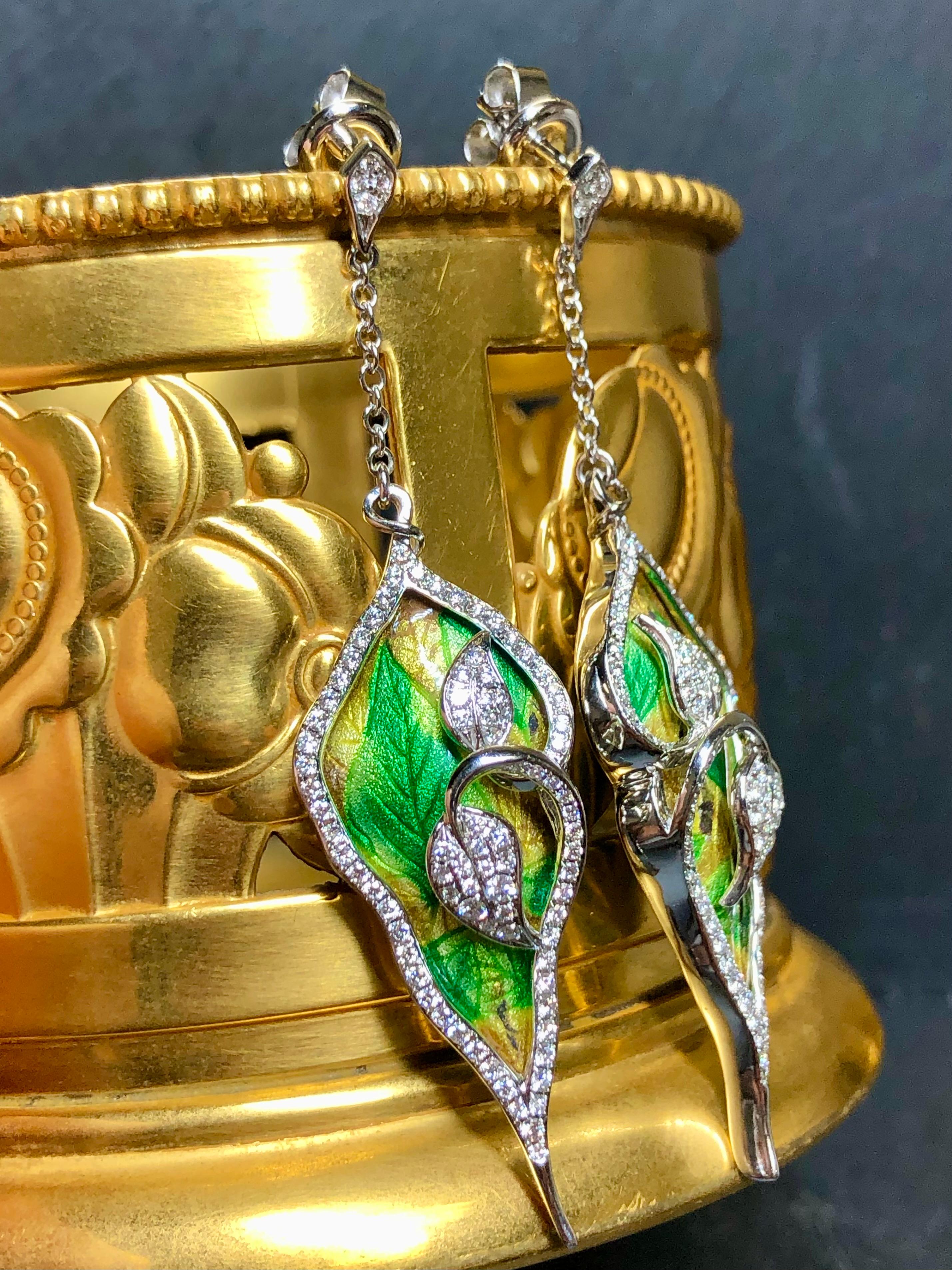 Contemporary Estate 18K Green Enamel Diamond Leaf Vine Drop Dangle Earrings For Sale