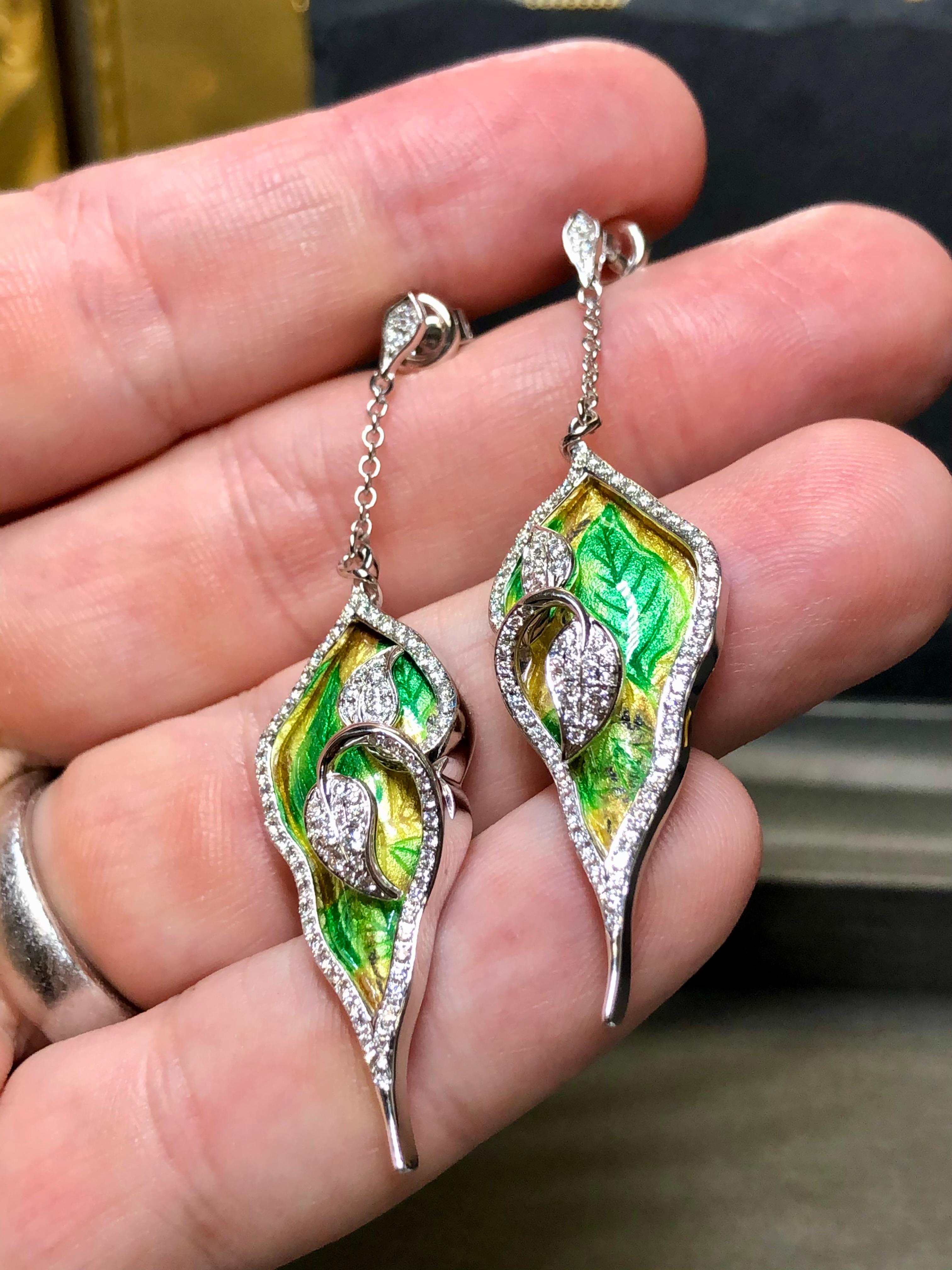 Women's or Men's Estate 18K Green Enamel Diamond Leaf Vine Drop Dangle Earrings For Sale