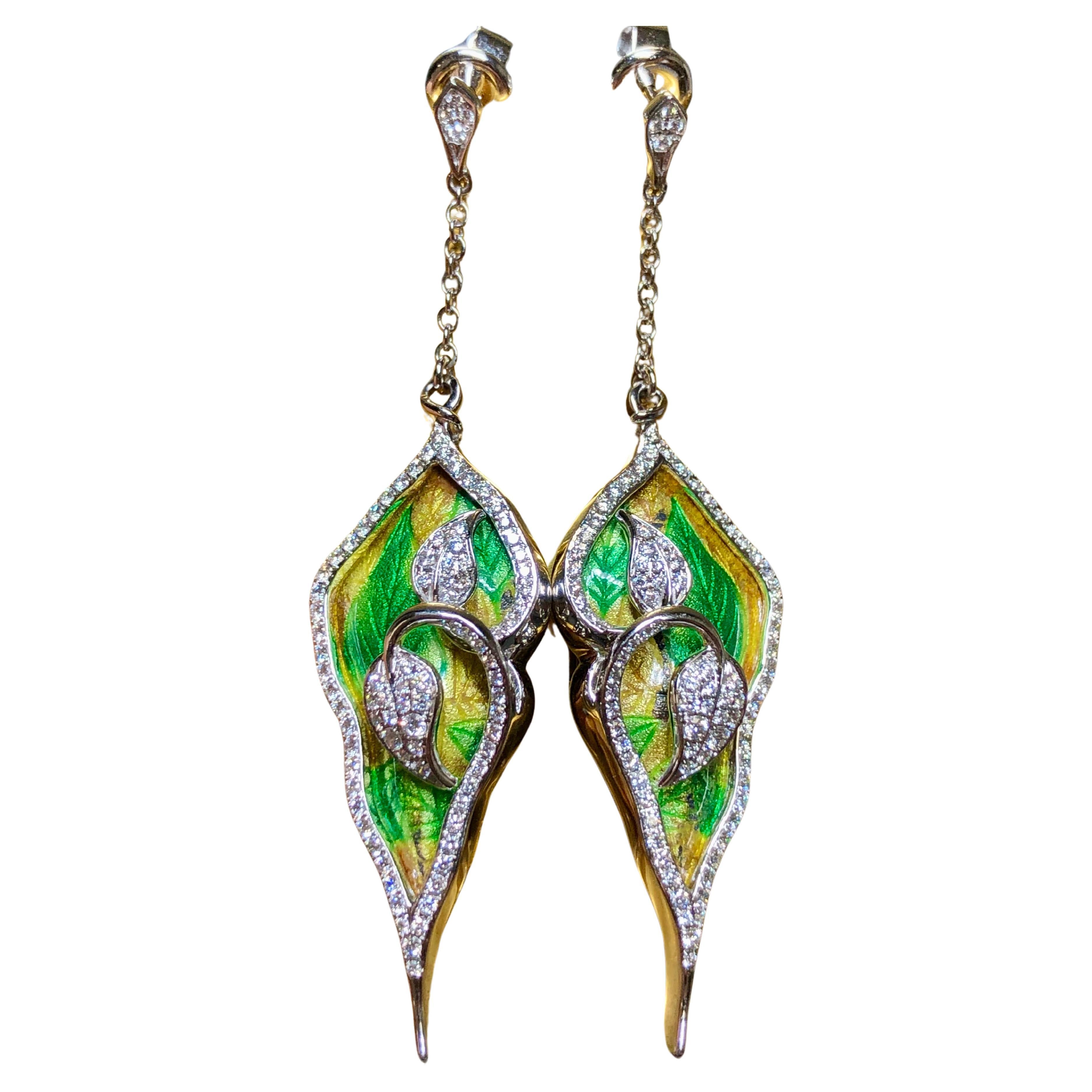 Estate 18K Green Enamel Diamond Leaf Vine Drop Dangle Earrings