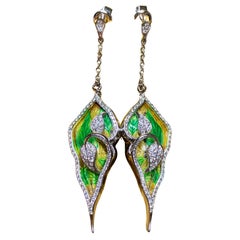 Estate 18K Green Enamel Diamond Leaf Vine Drop Dangle Earrings 