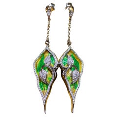 Vintage Estate 18K Green Enamel Diamond Leaf Vine Drop Dangle Earrings 