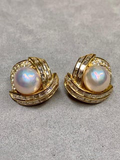 Estate 18K Hammerman Bros Baguette Round Diamond Pearl Earrings 6.92ctw G Vs