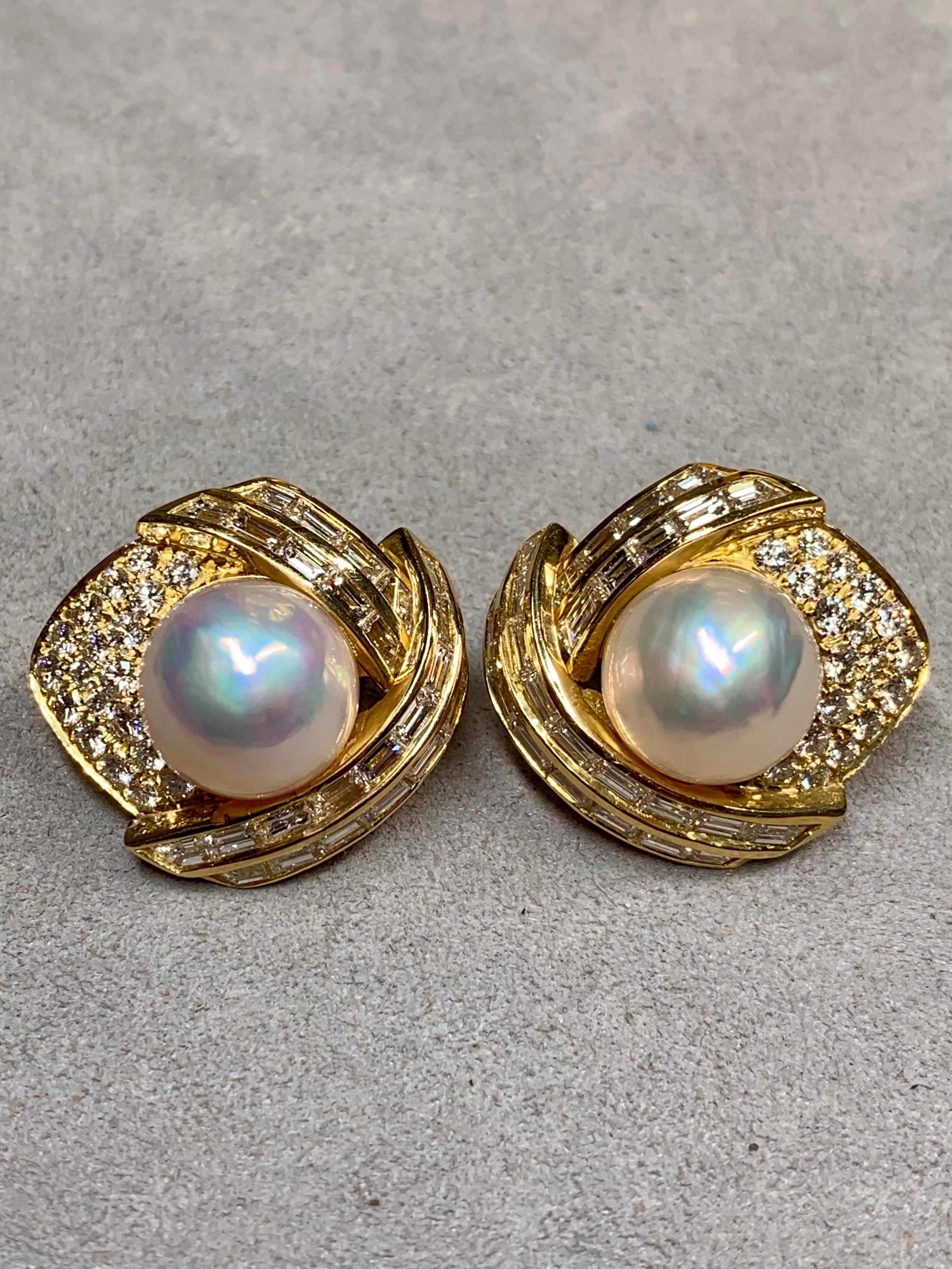 Contemporary Estate 18K Hammerman Bros Baguette Round Diamond Pearl Earrings 6.92ctw G Vs For Sale