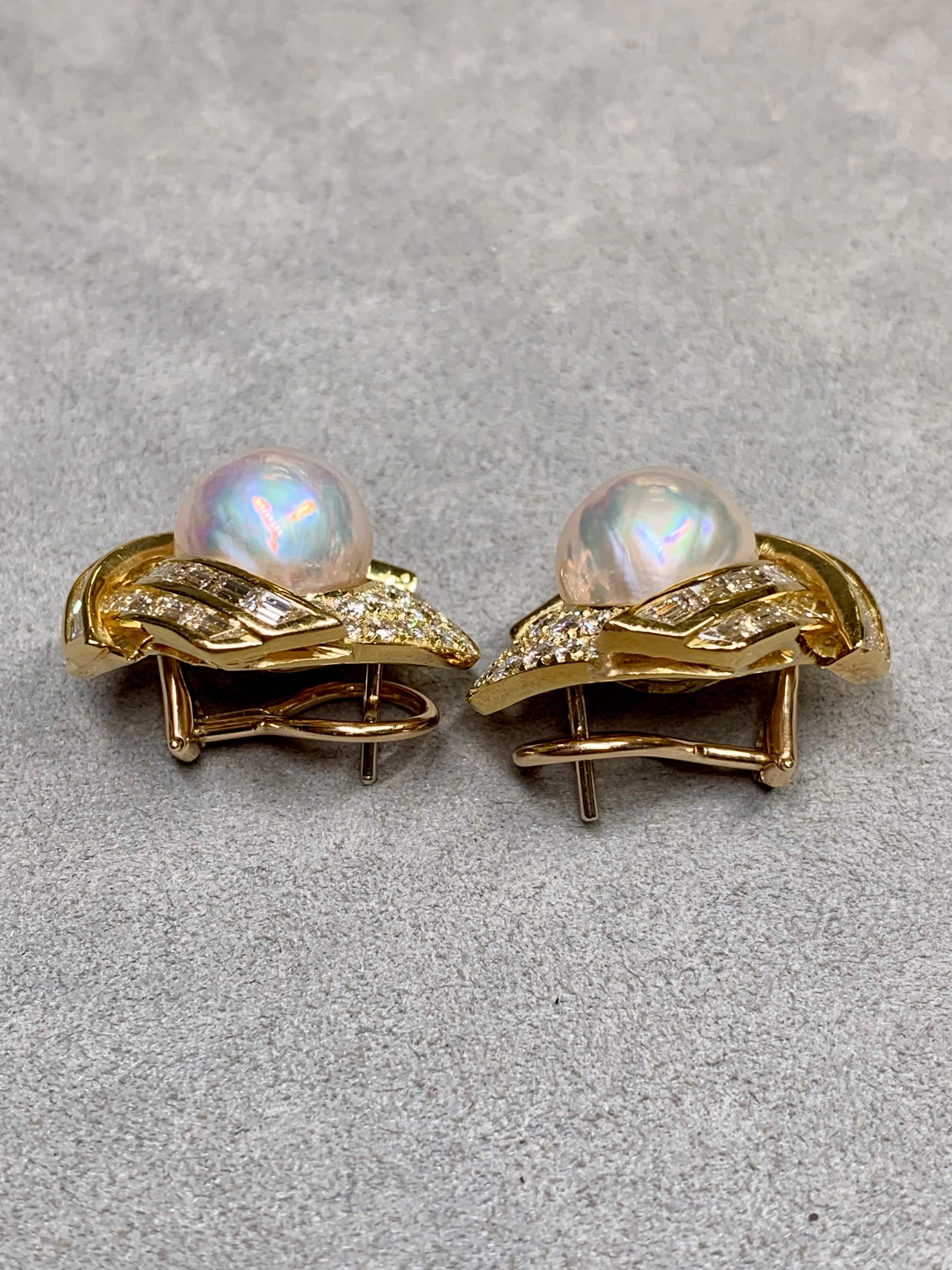 Round Cut Estate 18K Hammerman Bros Baguette Round Diamond Pearl Earrings 6.92ctw G Vs For Sale