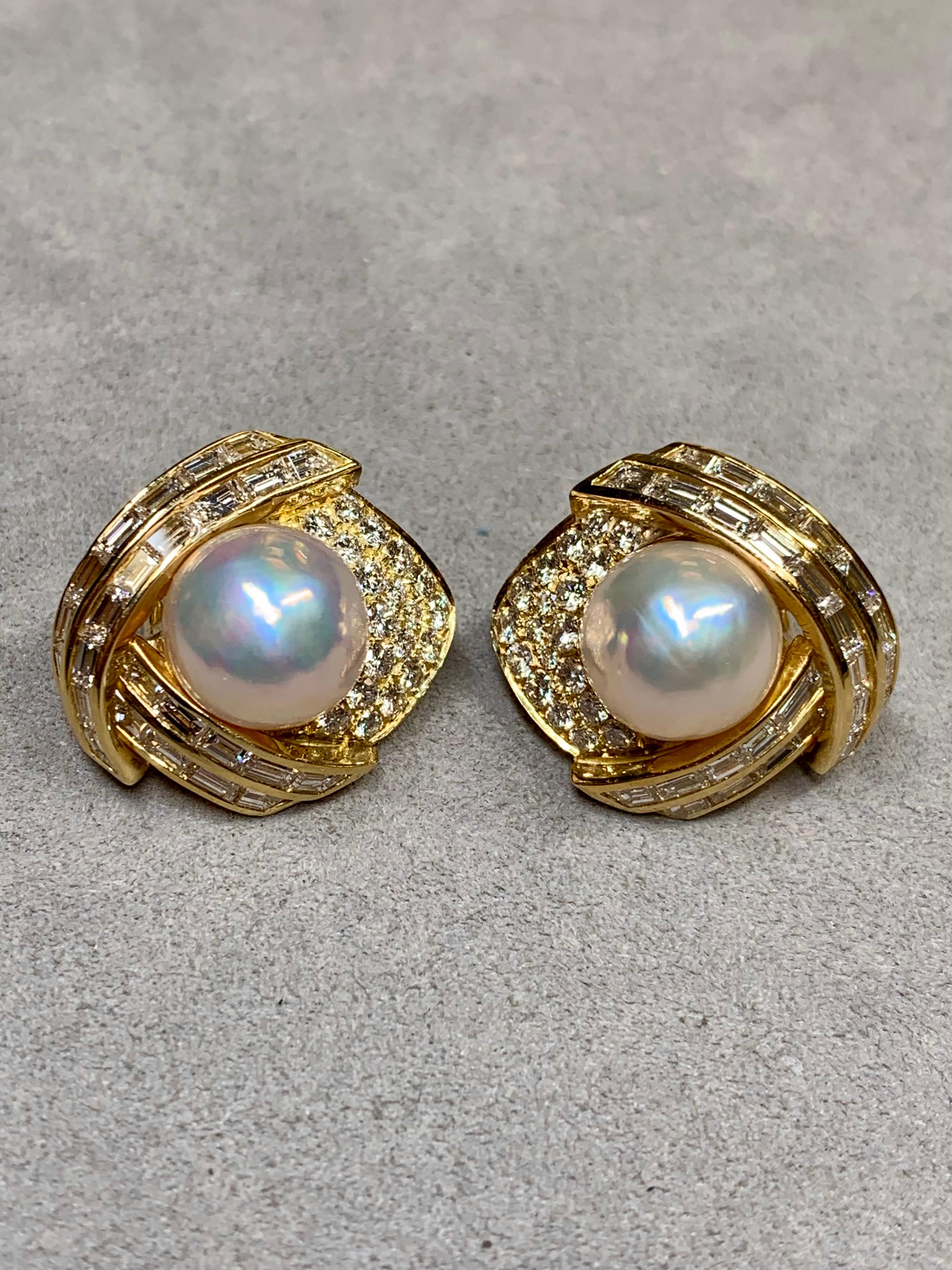 Women's or Men's Estate 18K Hammerman Bros Baguette Round Diamond Pearl Earrings 6.92ctw G Vs For Sale