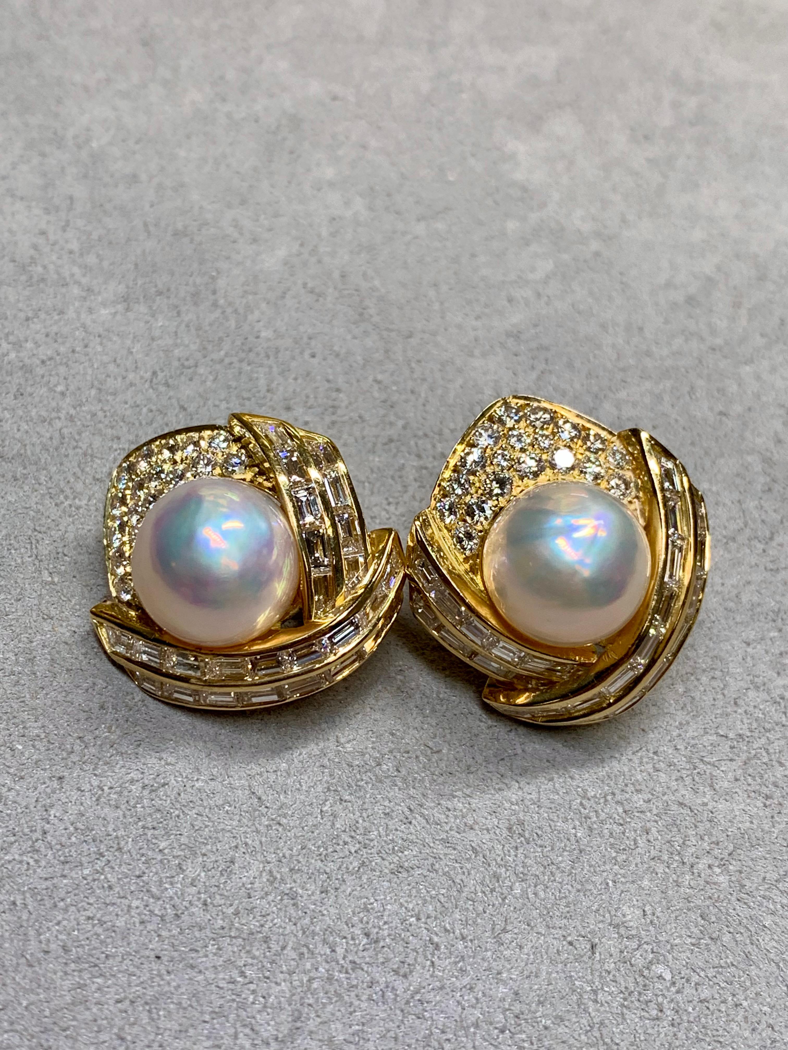 Estate 18K Hammerman Bros Baguette Round Diamond Pearl Earrings 6.92ctw G Vs For Sale 3