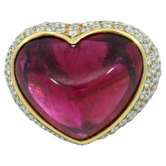 Estate 18K Heart Ring ~21ctw Rubellite and ~4.2ctw Pave Diamond in Yellow Gold