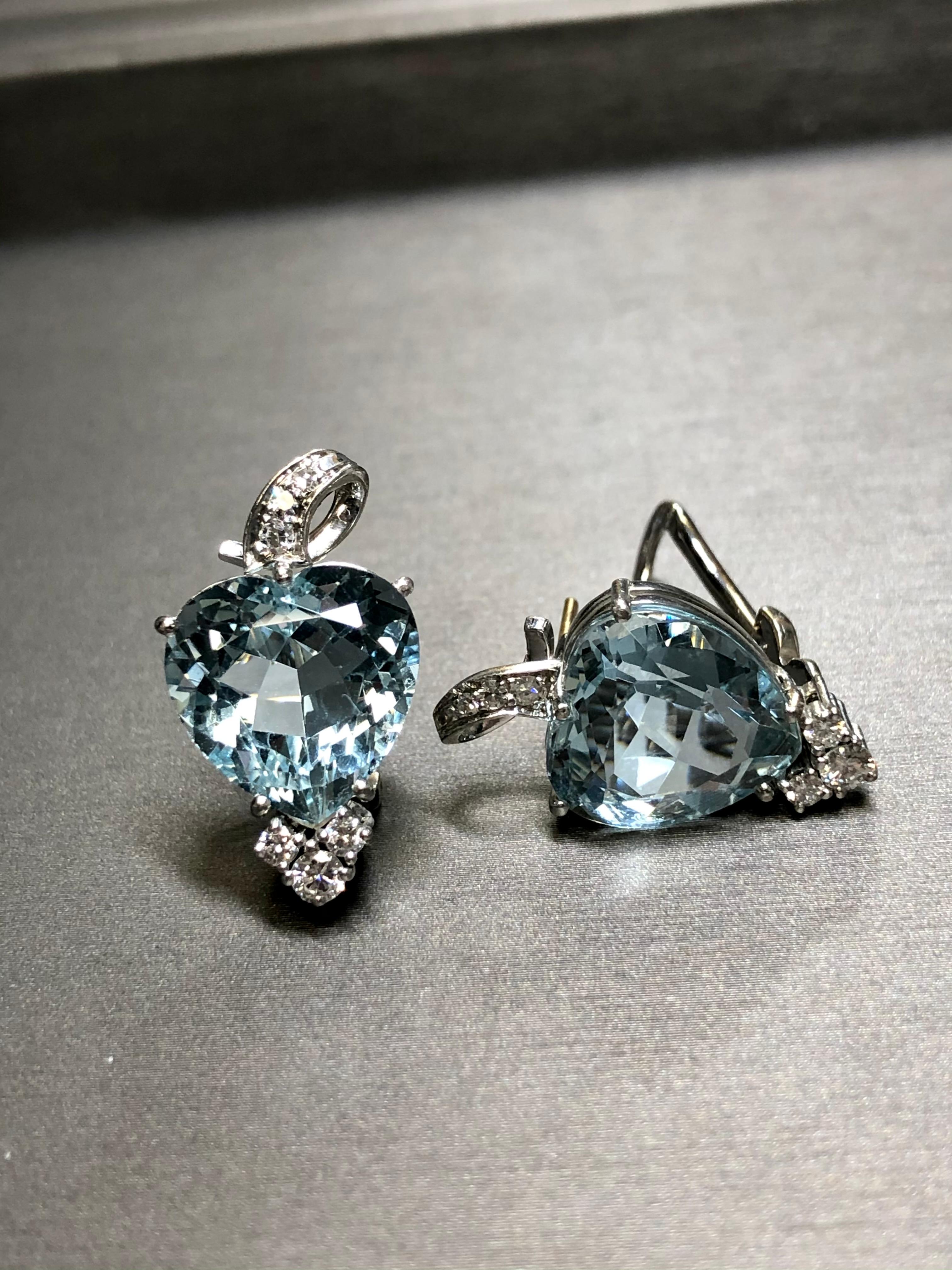Contemporary Estate 18K Heart Shape Aquamarine Diamond Huggie Omega Back Earrings  For Sale