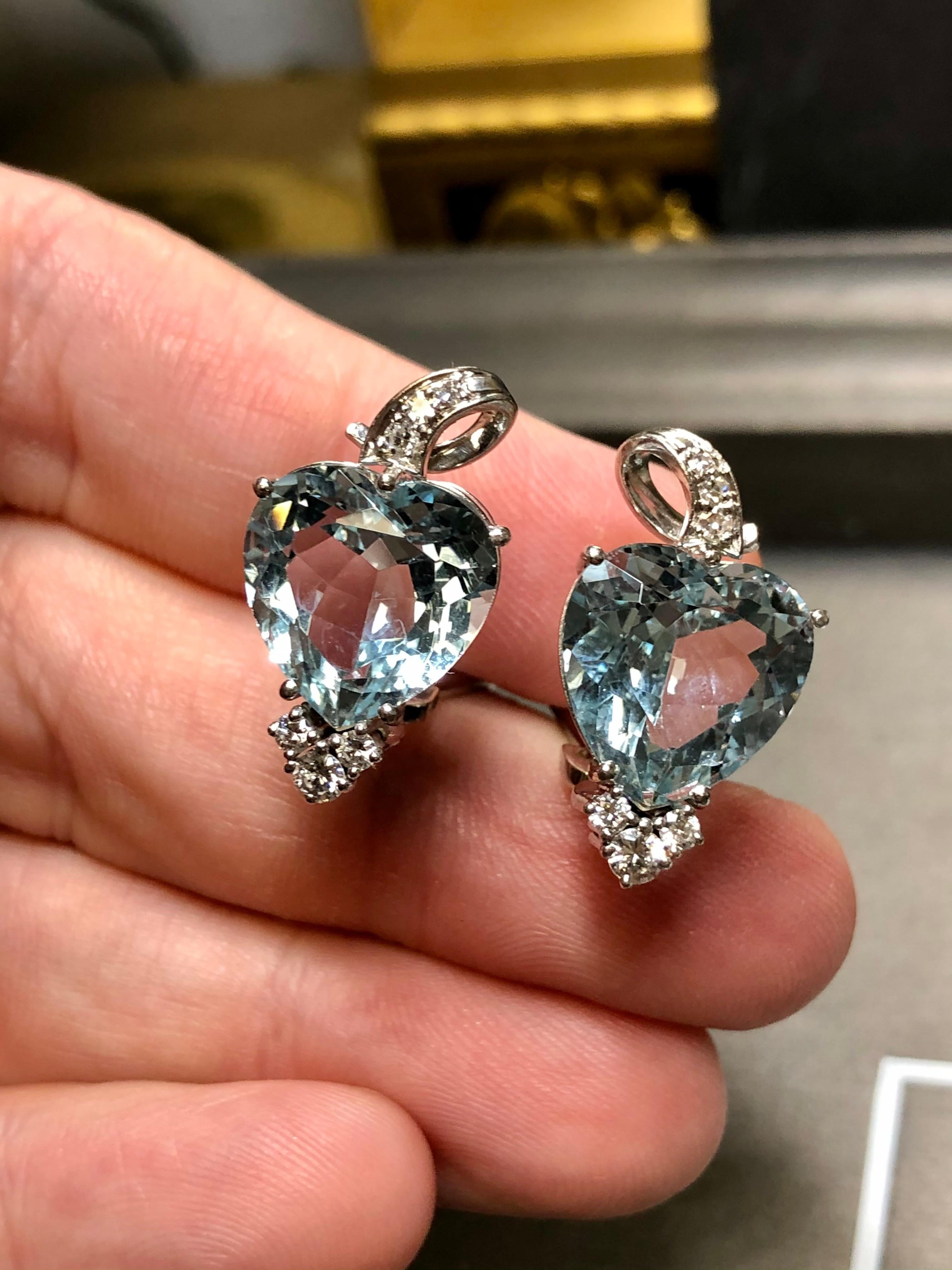 Women's or Men's Estate 18K Heart Shape Aquamarine Diamond Huggie Omega Back Earrings  For Sale