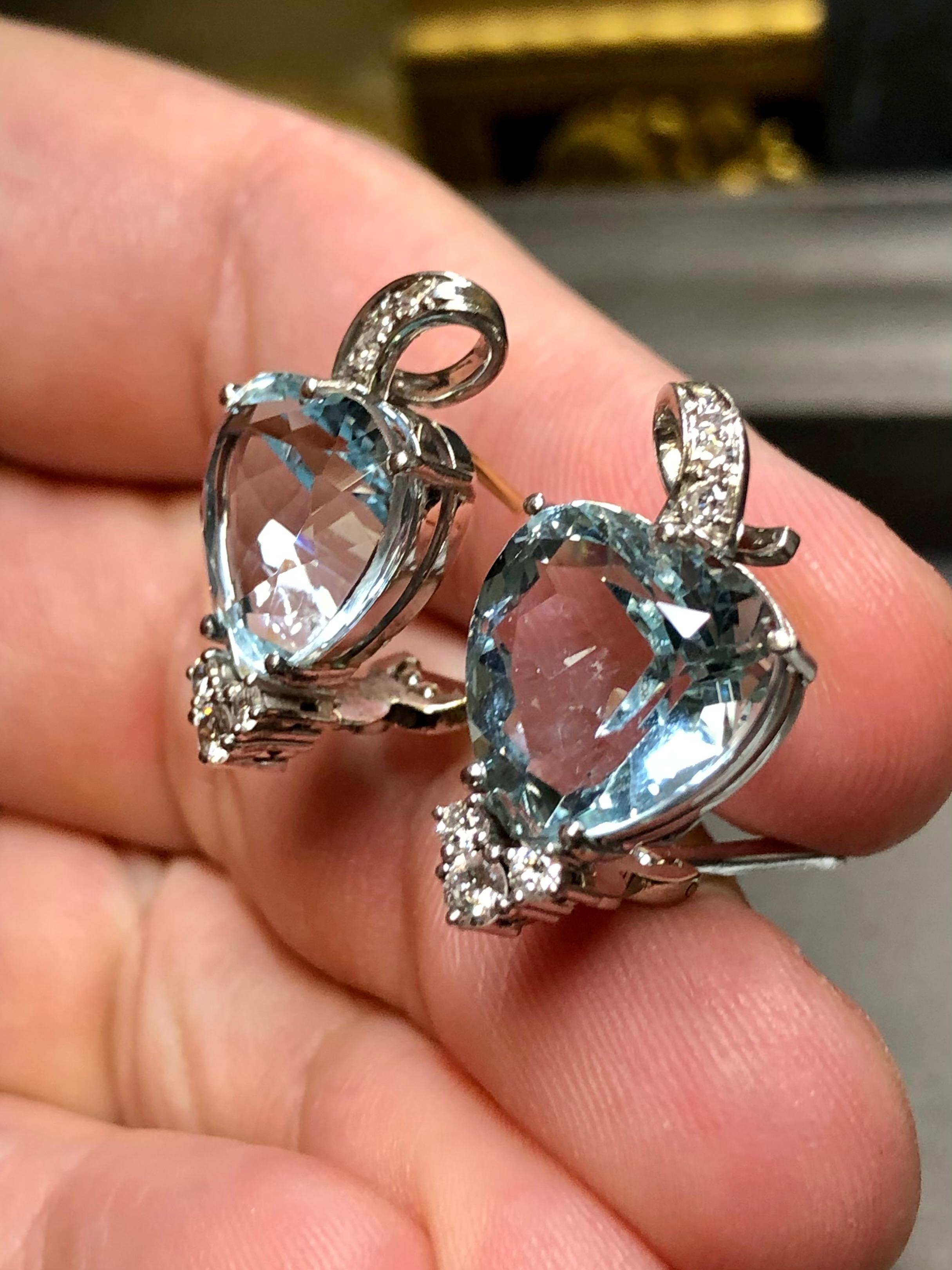 Estate 18K Heart Shape Aquamarine Diamond Huggie Omega Back Earrings  For Sale 1