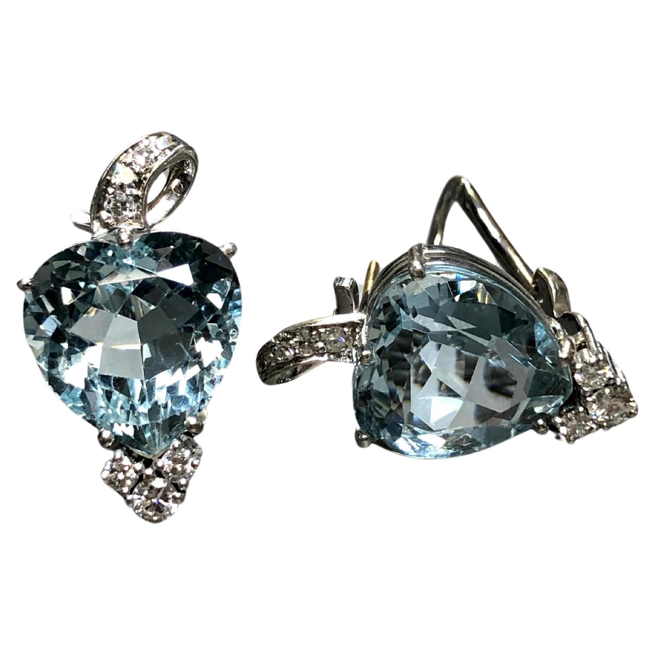 Estate 18K Heart Shape Aquamarine Diamond Huggie Omega Back Earrings  For Sale