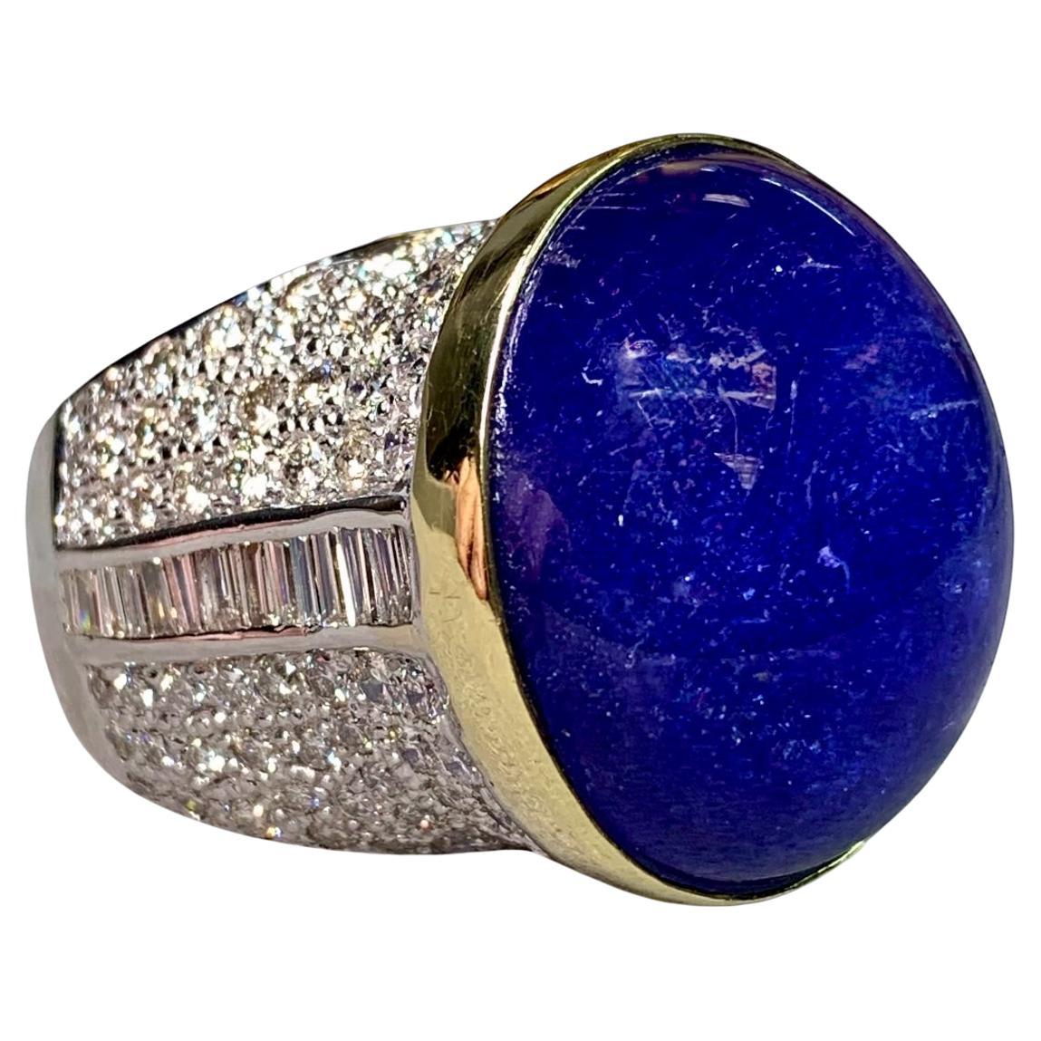 Estate 18K High Dome Cabochon Tanzanite Diamond Large Cocktail Ring 109ctw en vente