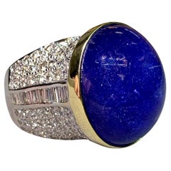 Estate 18K High Dome Cabochon Tanzanite Diamond Large Cocktail Ring 109ctw