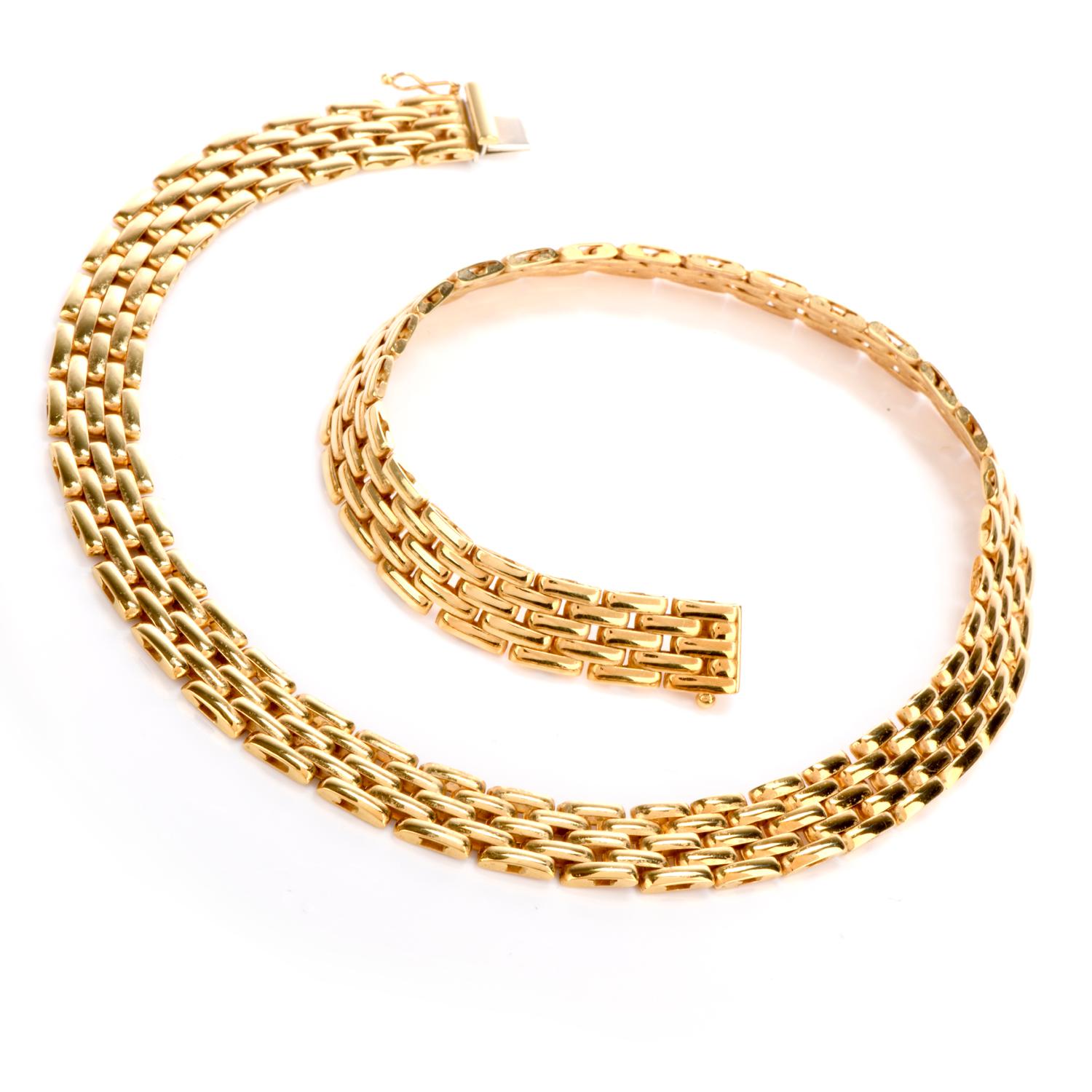 This Lustrous Italian Mayor Necklace was inspired of an Interlocking panther pattern and crafted in 18K gold. Nicely Made with interlocking weave of this necklace has a beautiful and bright high polished finish that is certain to compliment any