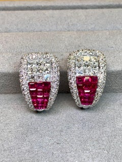 Estate 18K Invisible Princess Cut Diamond Baguette Ruby Pavé Huggie Earrings