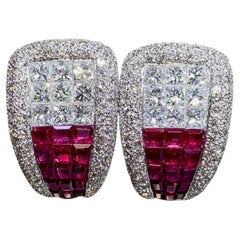 Estate 18K Invisible Princess Cut Diamond Baguette Ruby Pavé Huggie Earrings