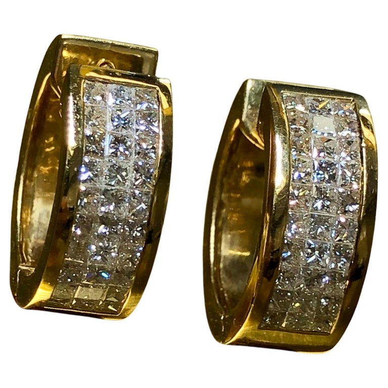 Estate 18k Invisible Princess Cut Diamond Hoop Huggie Earrings 3.60cttw G VS For Sale at 1stDibs