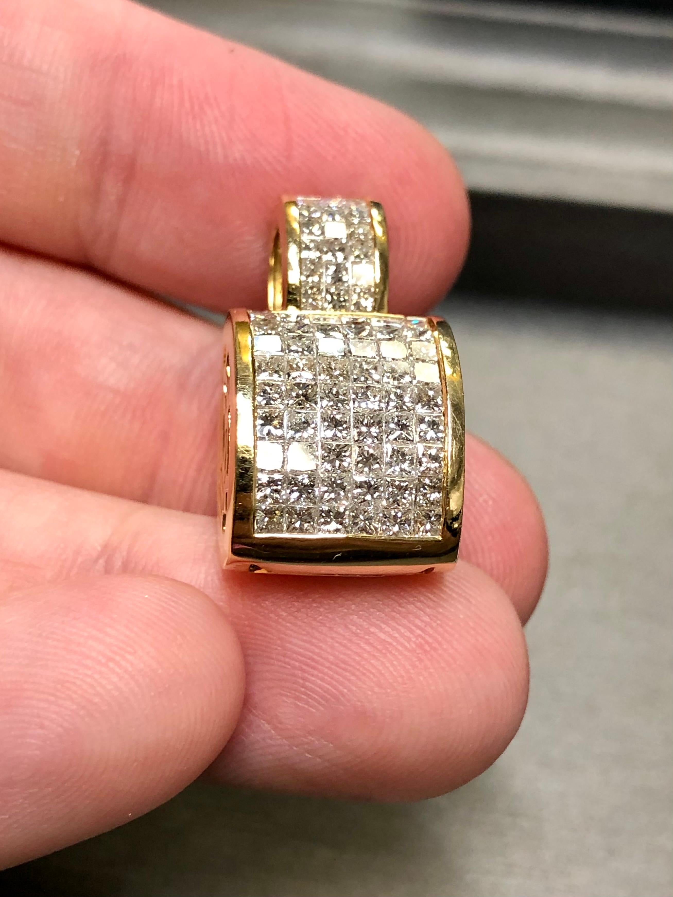Contemporary Estate 18k Invisible Princess Cut Diamond Pendant Necklace 4.92cttw G Vs For Sale