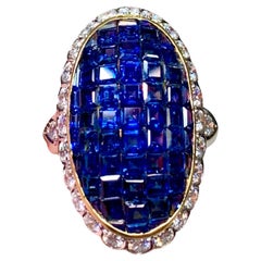 Estate 18K Invisible Set Blue Sapphire Diamond Long Oval Cocktail Ring 5.80ctw