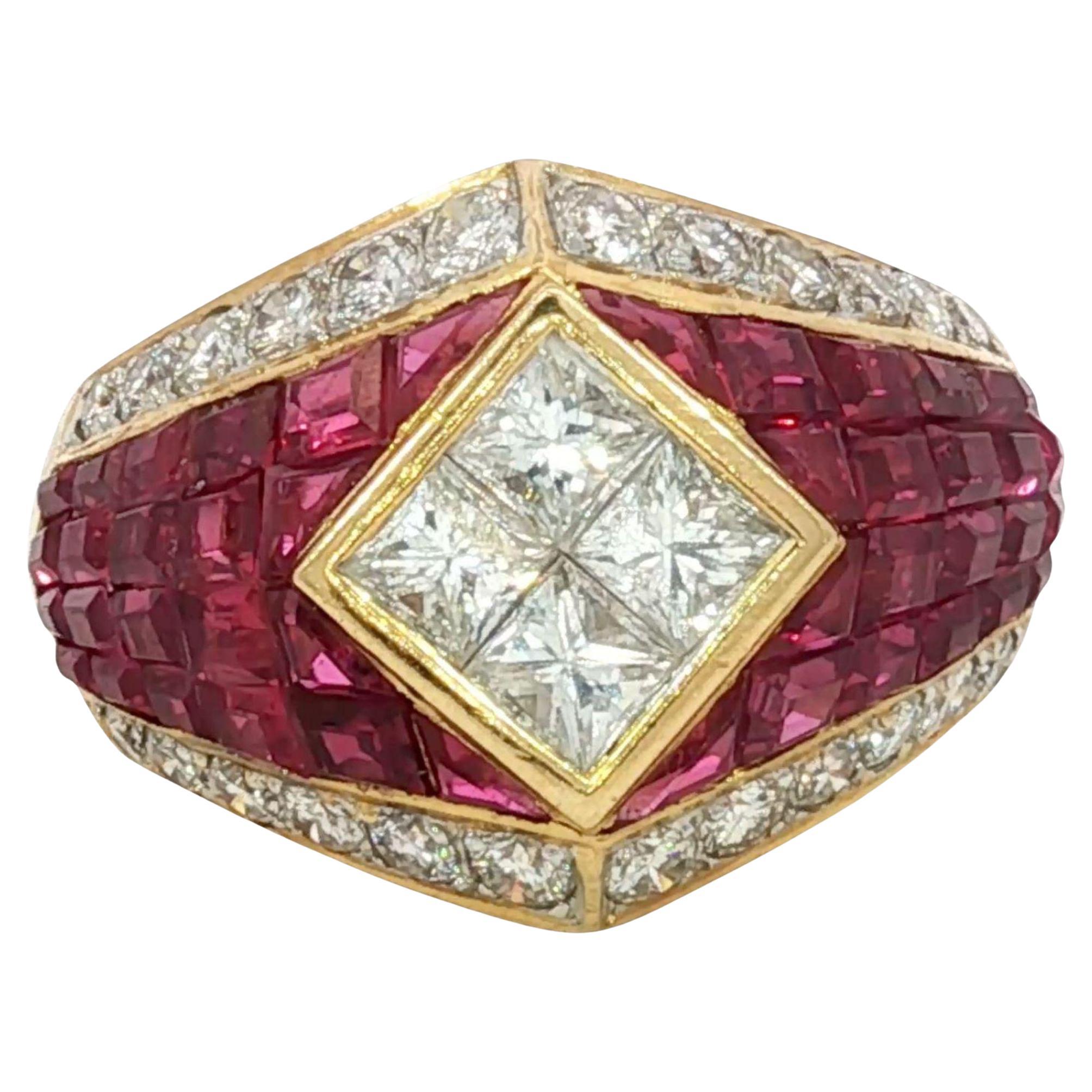 Estate 18K Invisible Set Ruby Diamond Ring Yellow Gold Gold ~3.96ctw