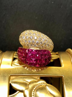 Estate 18k Invisible Set Ruby Pave Diamond Bypass Cocktail Ring 7.25cttw