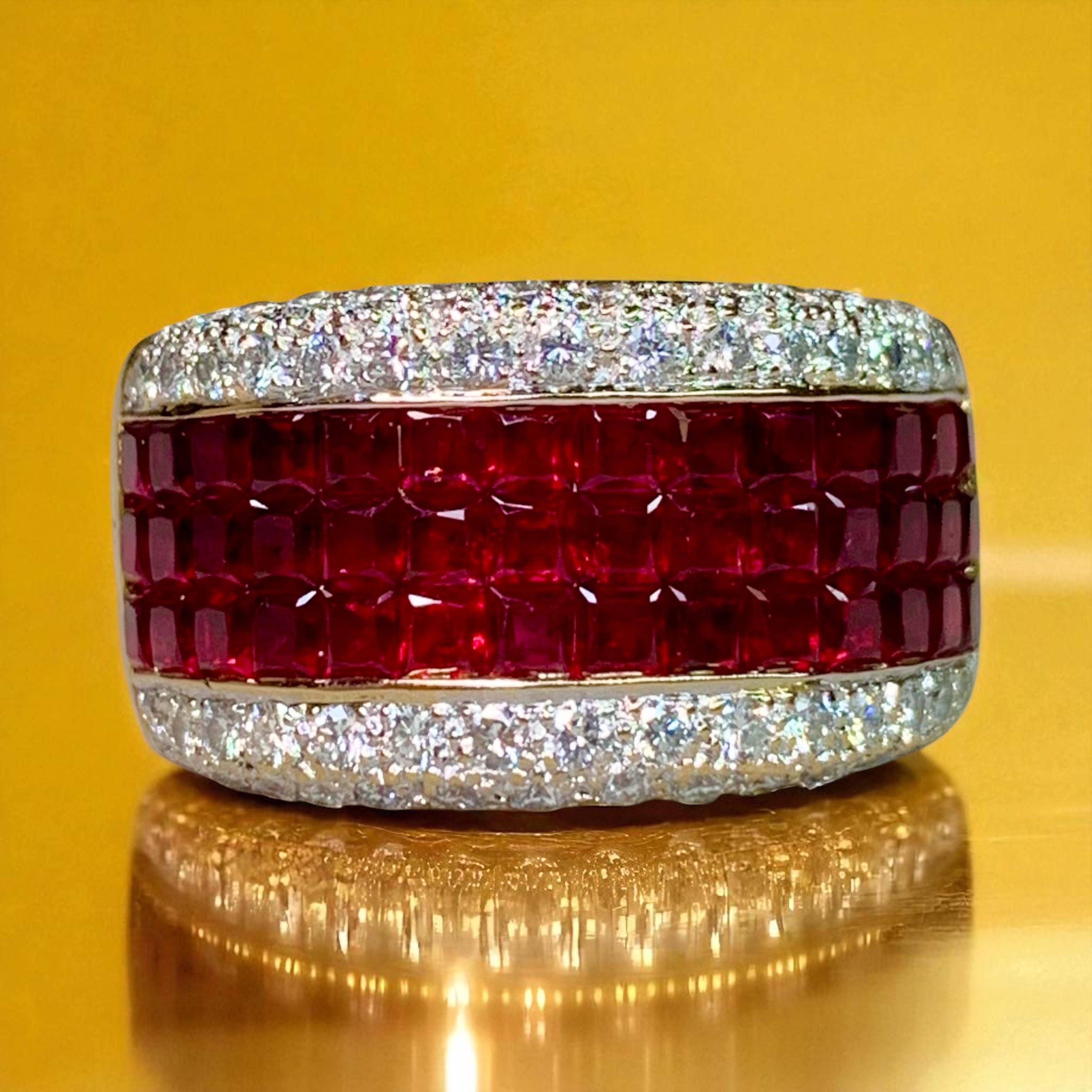 Estate 18K Invisible Set Ruby Pave Diamond Wide Band Cocktail Ring 5.07ctw Sz 7 in vendita 4