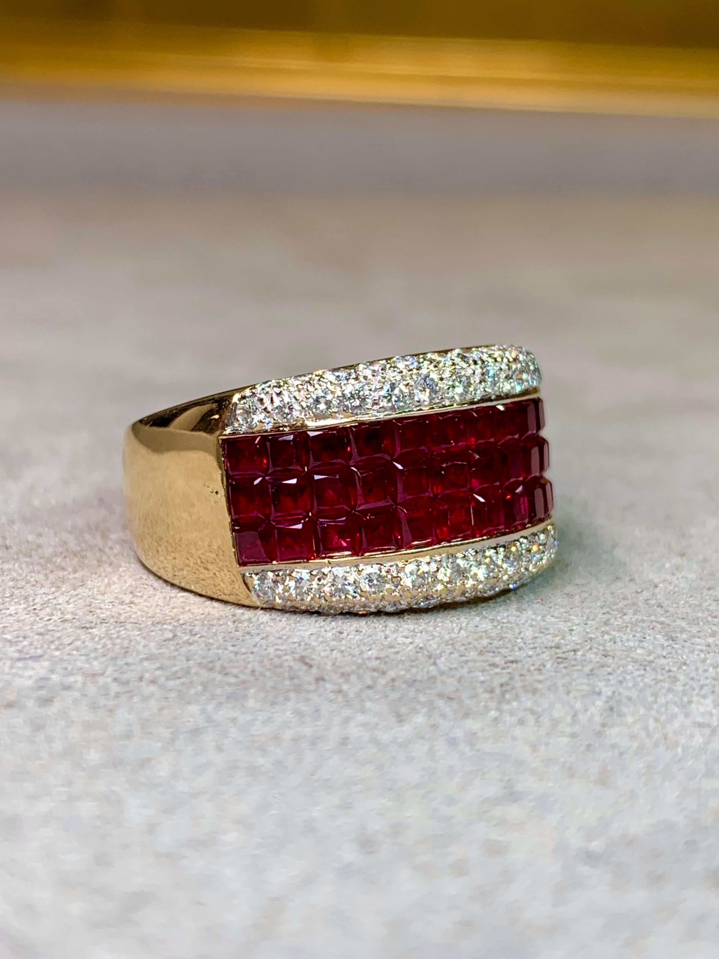 Contemporaneo Estate 18K Invisible Set Ruby Pave Diamond Wide Band Cocktail Ring 5.07ctw Sz 7 in vendita