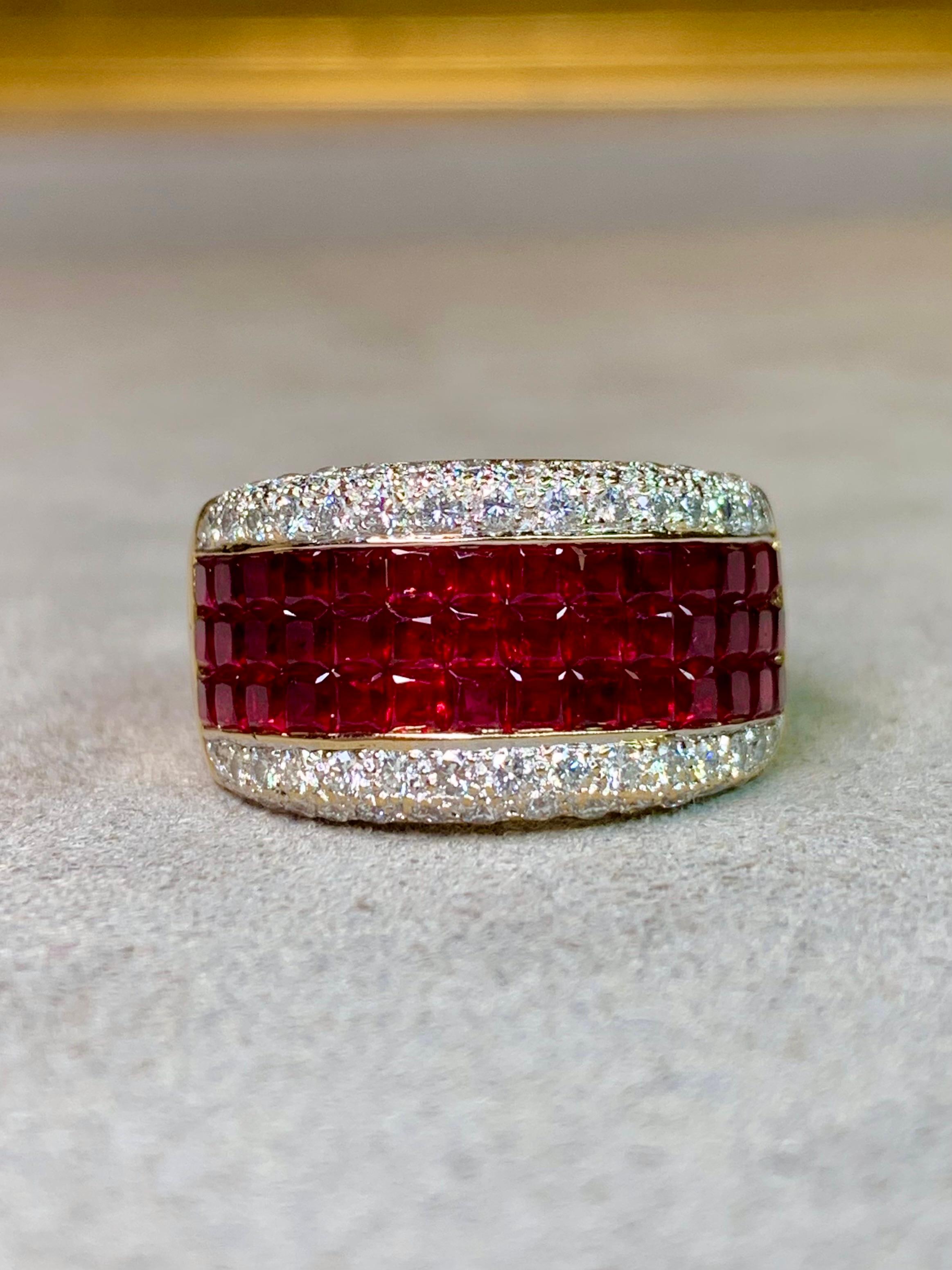 Quadrato Estate 18K Invisible Set Ruby Pave Diamond Wide Band Cocktail Ring 5.07ctw Sz 7 in vendita
