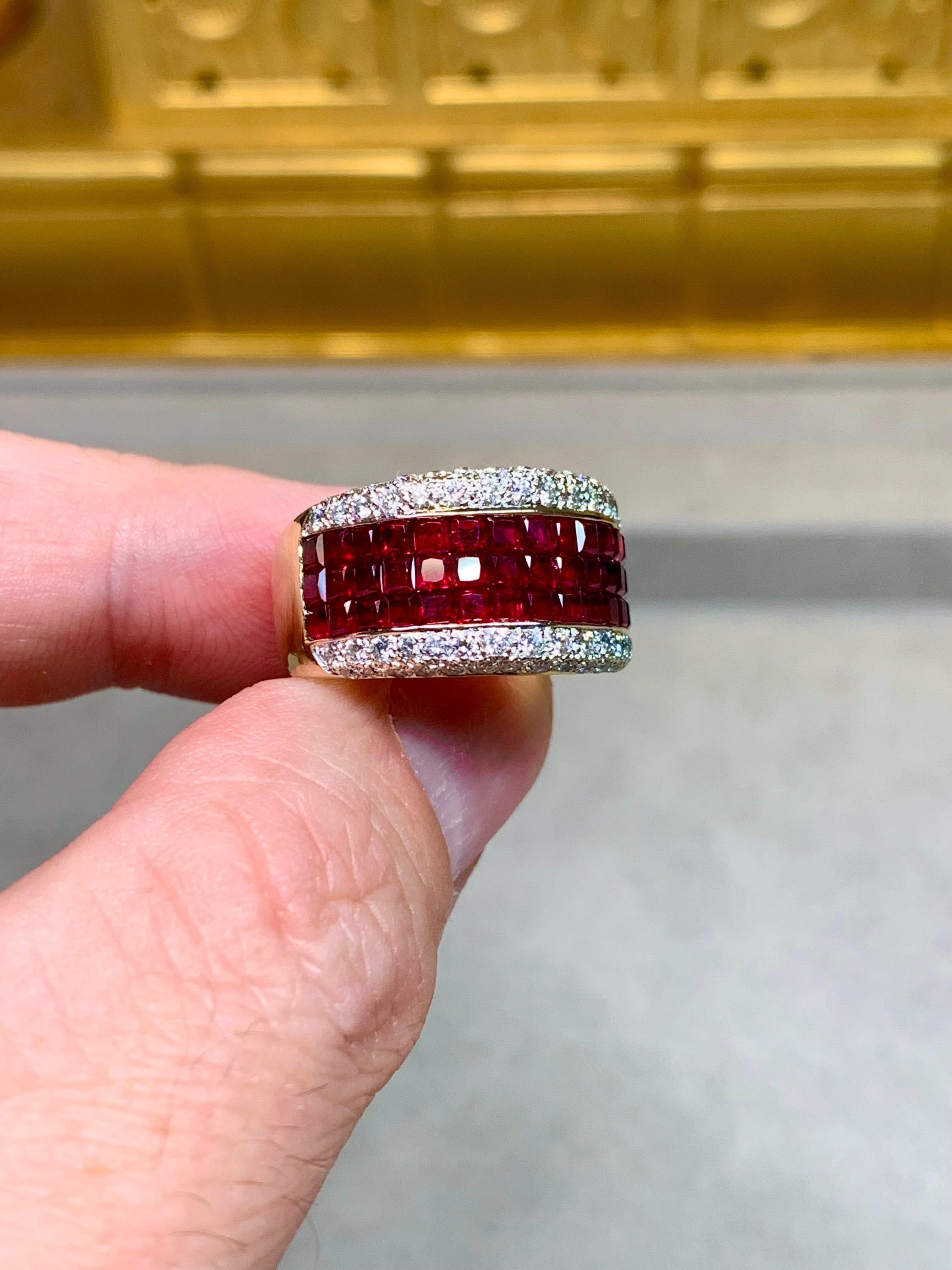 Estate 18K Invisible Set Ruby Pave Diamond Wide Band Cocktail Ring 5.07ctw Sz 7 in vendita 1