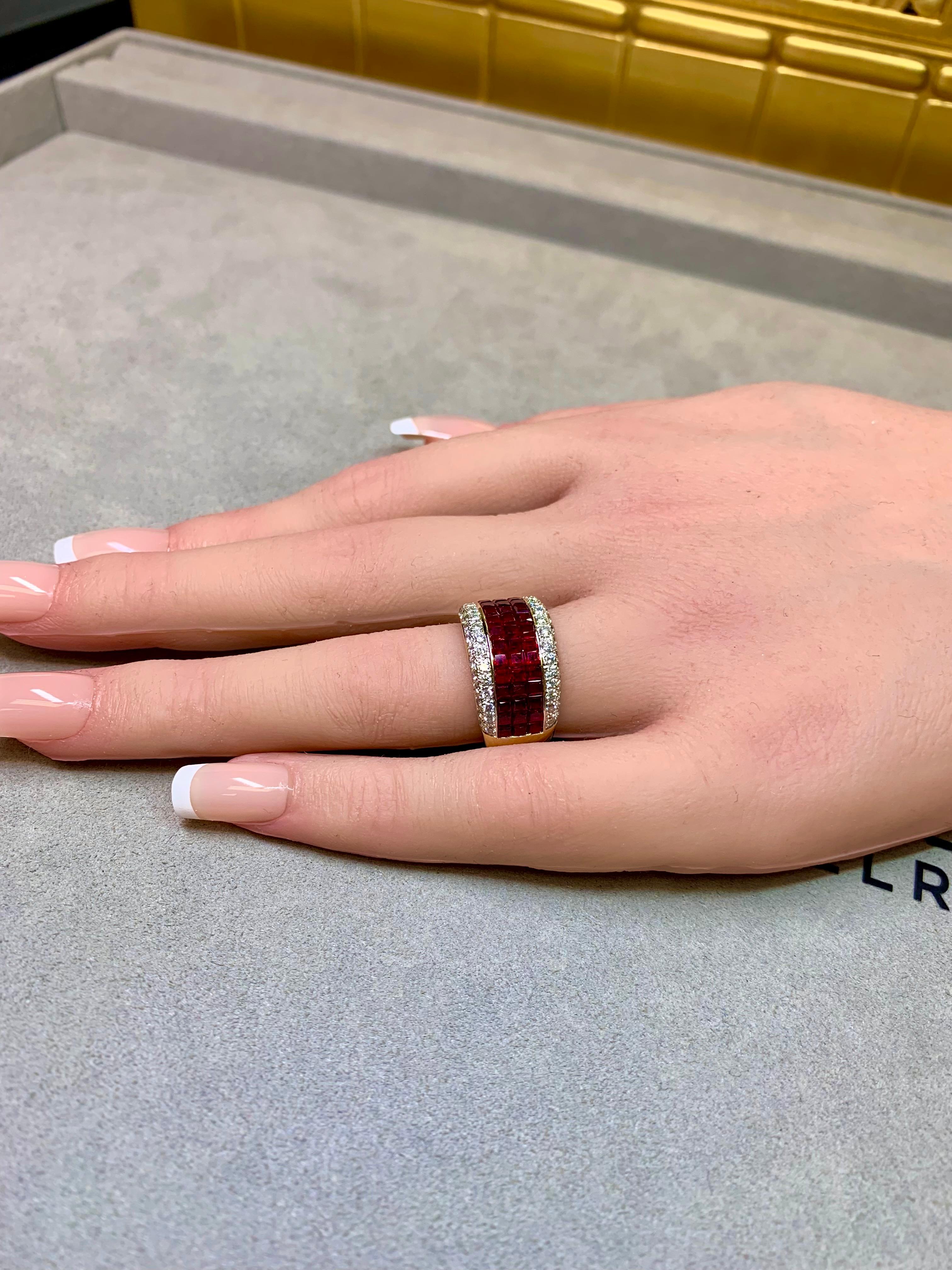 Estate 18K Invisible Set Ruby Pave Diamond Wide Band Cocktail Ring 5.07ctw Sz 7 in vendita 2