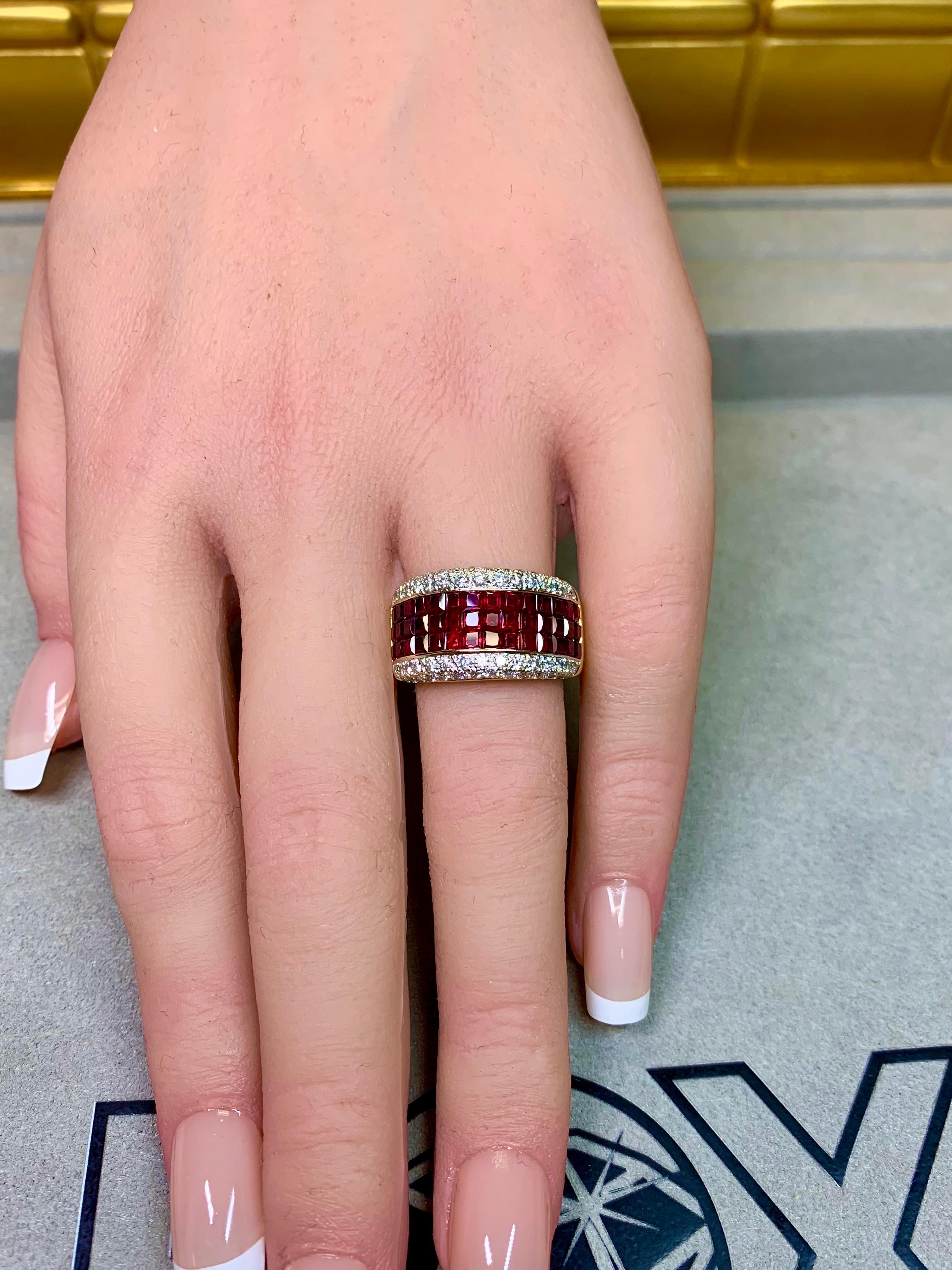 Estate 18K Invisible Set Ruby Pave Diamond Wide Band Cocktail Ring 5.07ctw Sz 7 in vendita 3