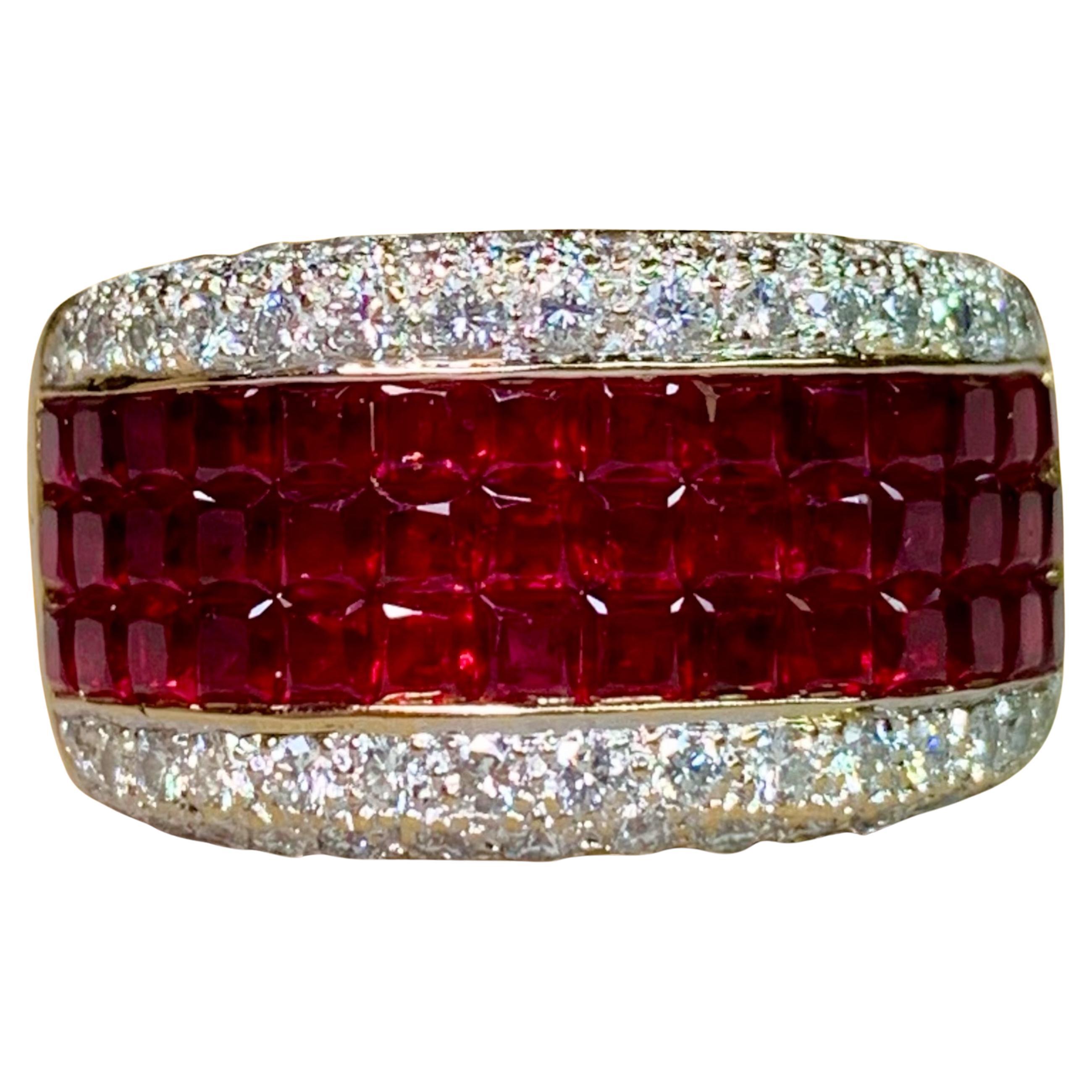 Estate 18K Invisible Set Ruby Pave Diamond Wide Band Cocktail Ring 5.07ctw Sz 7 in vendita