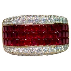 Estate 18K Invisible Set Ruby Pave Diamond Wide Band Cocktail Ring 5.07ctw Sz 7