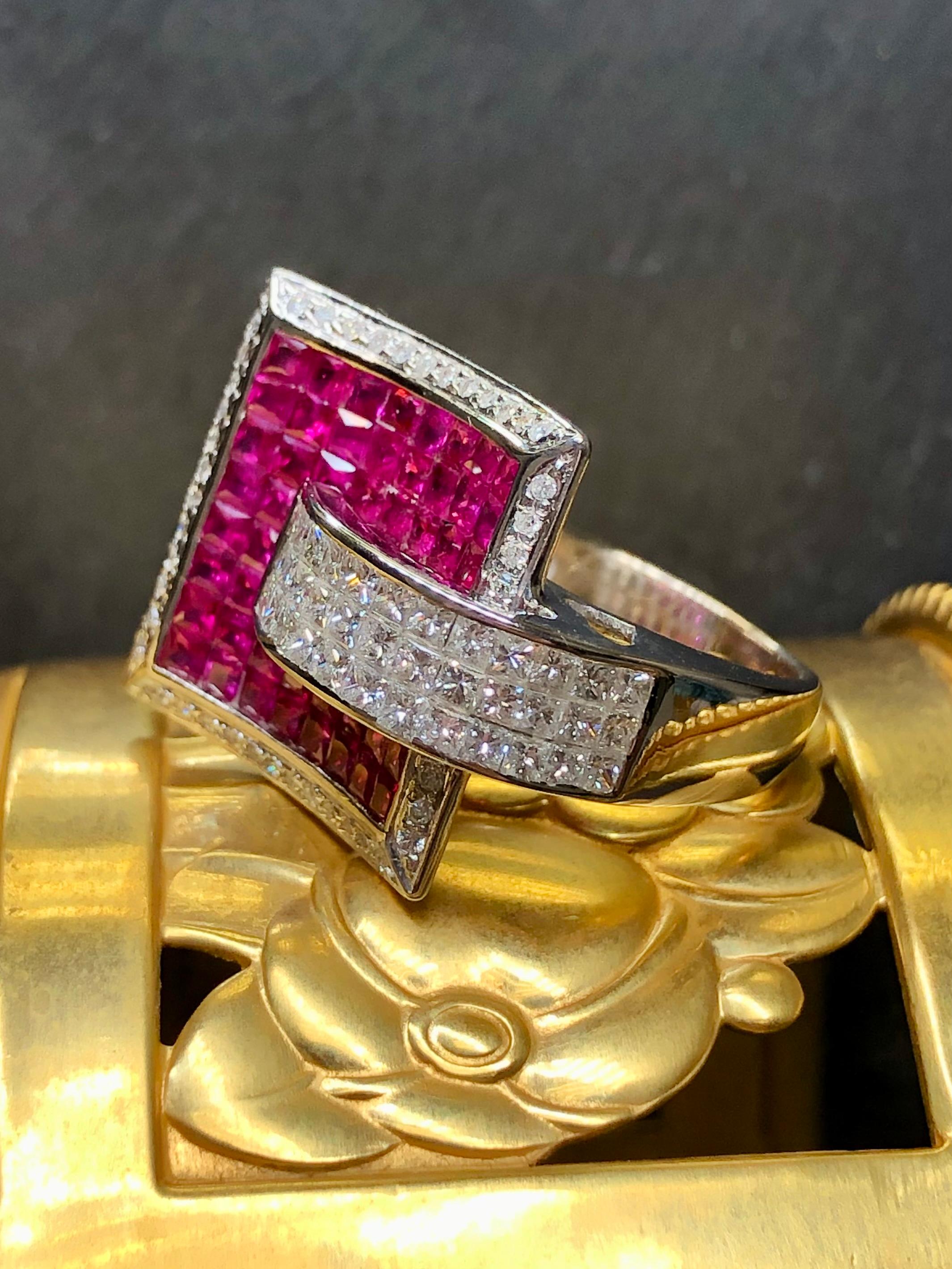 Contemporary Estate 18K Invisible Set Ruby Princess Cut Diamond Large Buckle Cocktail Ring For Sale