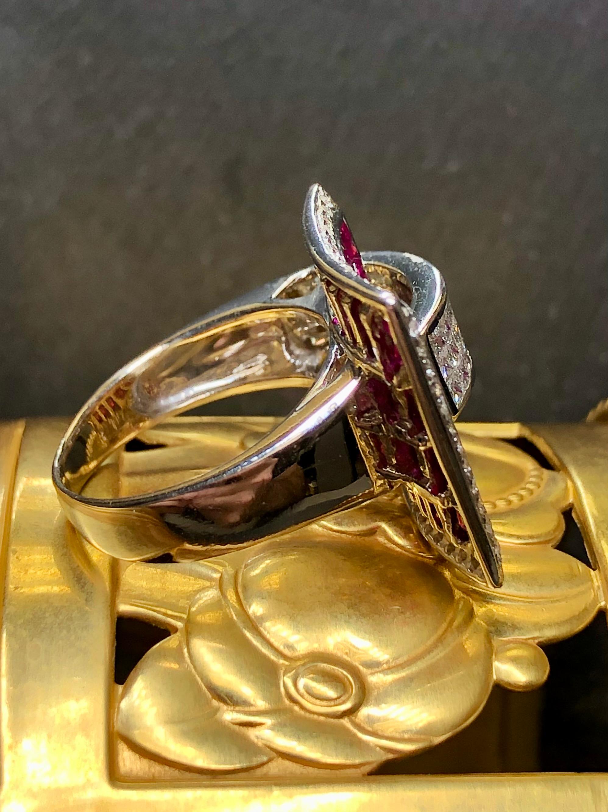 Estate 18K Invisible Set Ruby Princess Cut Diamond Large Buckle Cocktail Ring In Good Condition For Sale In Winter Springs, FL