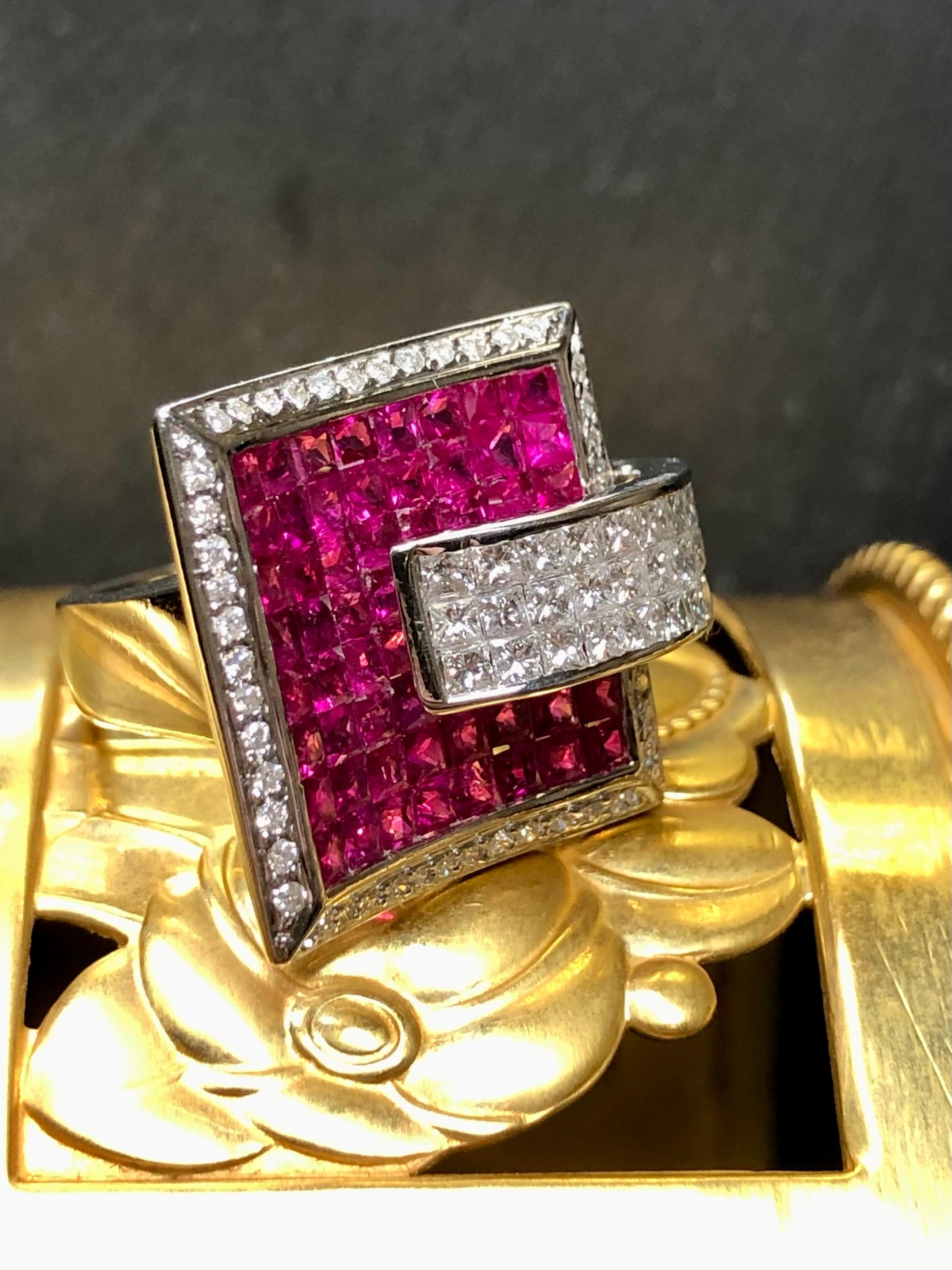Women's or Men's Estate 18K Invisible Set Ruby Princess Cut Diamond Large Buckle Cocktail Ring For Sale