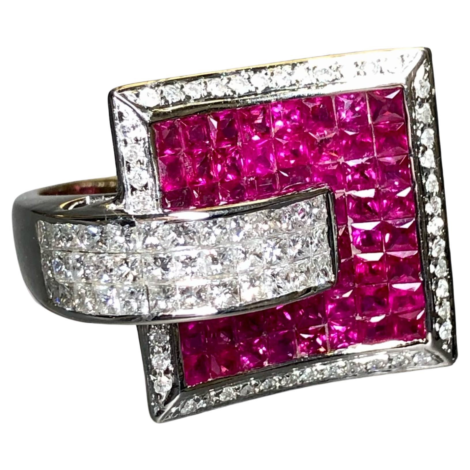 Estate 18K Invisible Set Ruby Princess Cut Diamond Large Buckle Cocktail Ring